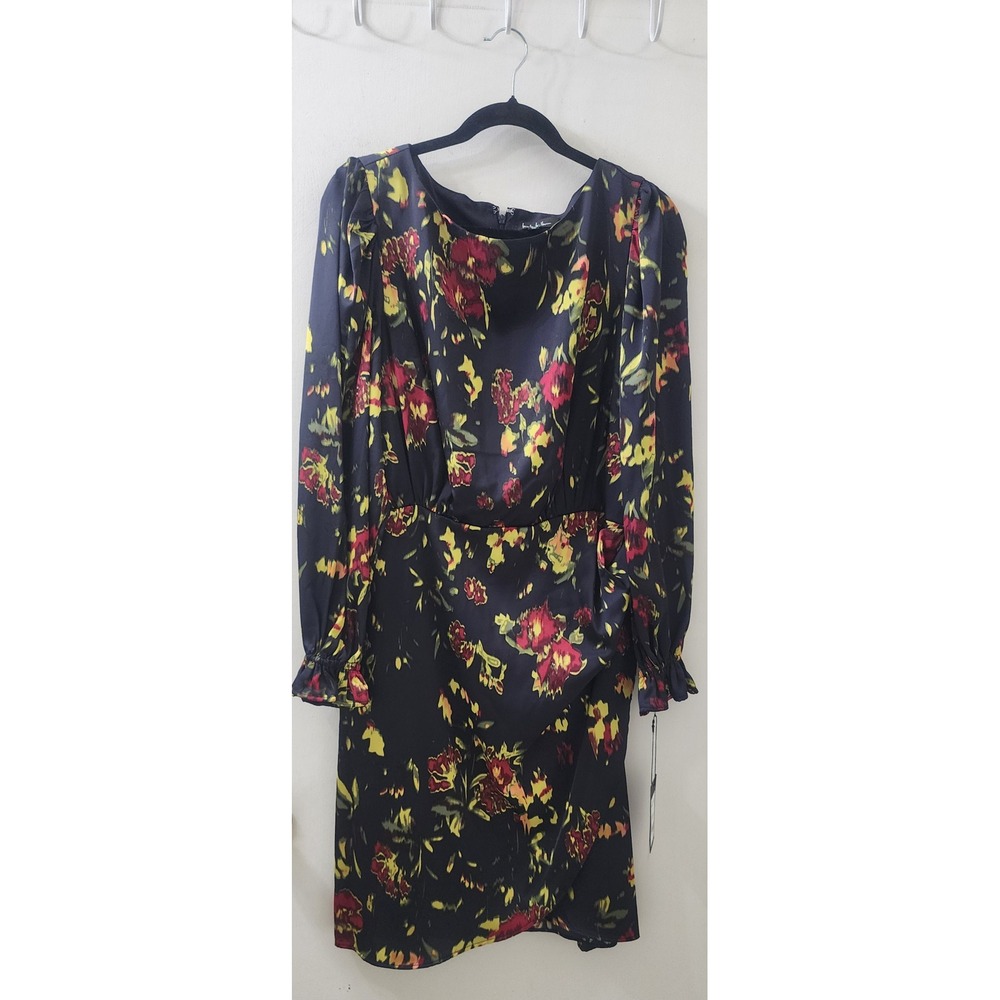 Nicole Miller Deep Navy Floral Print Long Sleeve Dress MD4H14287 Sz 16